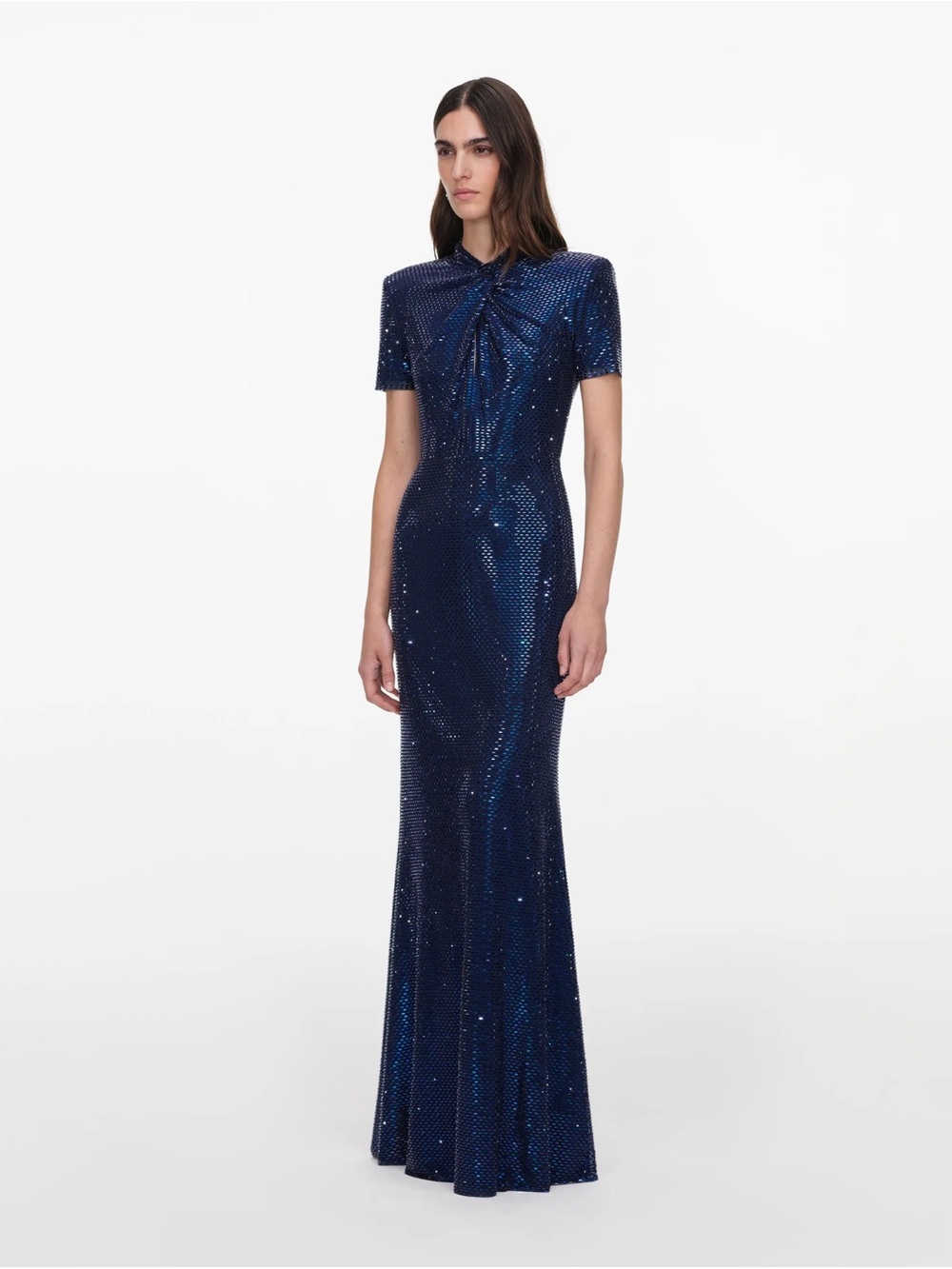 Self Portrait Navy Rhinestone Mesh Twist Maxi Dress